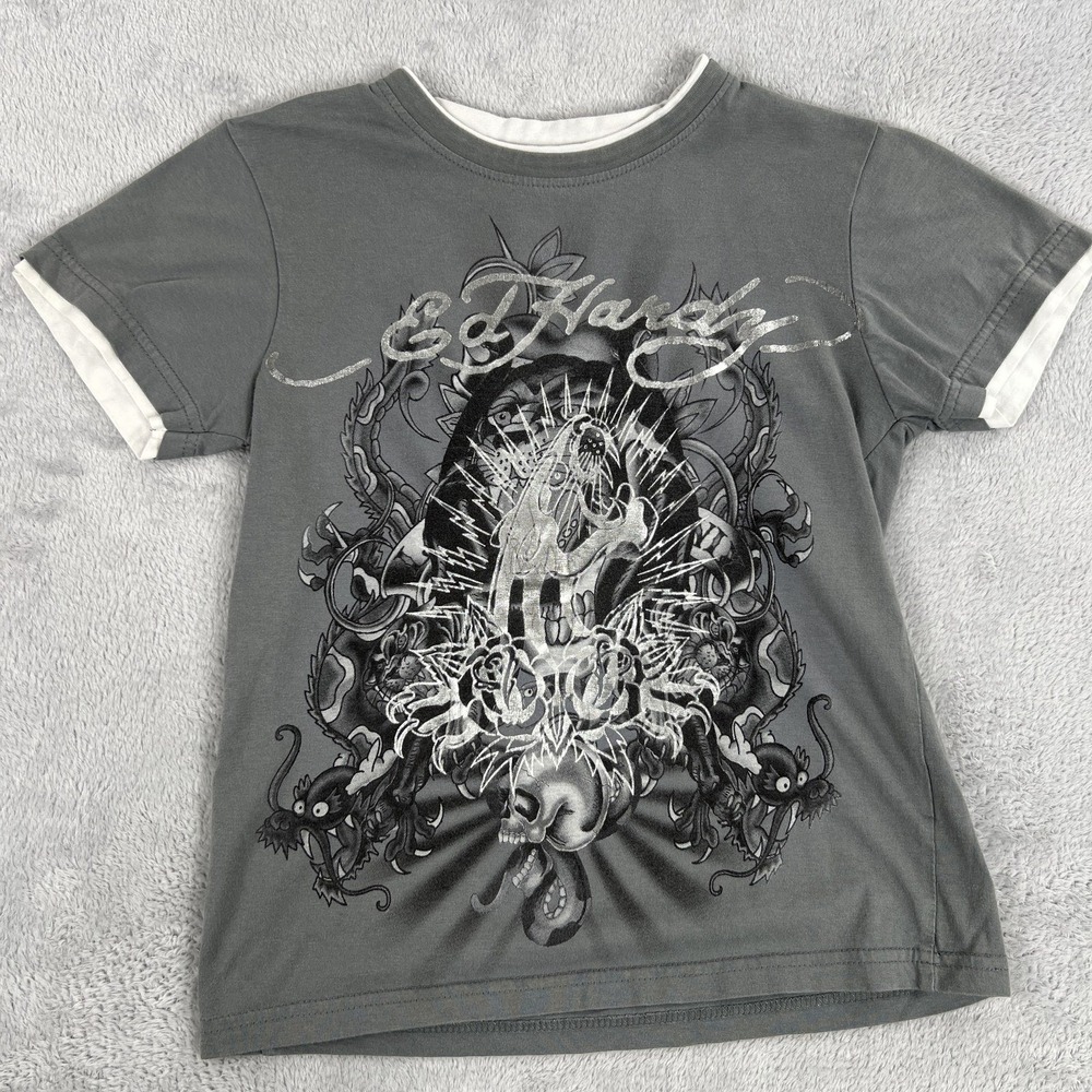 Ed Hardy Kids Panther Skull Ringer T Shirt Youth S Gray Christian Audigier Y2K
